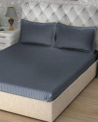 KME PRODUCT Cotton Double Fitted (Elastic) 210 TC Striped Bedsheet(Pack of 1, Grey)