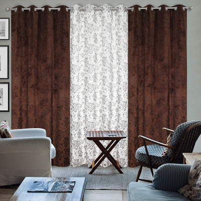 Kraftiq Homes 214 cm (7 ft) Door Velvet Room Darkening Curtain (Pack Of 3)(Brown-White, Floral)