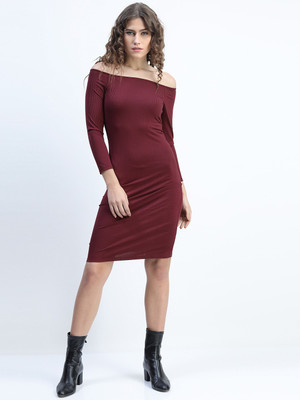 Tokyo Talkies Women Bodycon Maroon Above Knee/Mid Thigh Length Dress