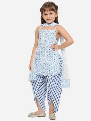 NautiNati Girls Casual Kurta, Dhoti Pant & Dupatta Set(Blue Pack of 1)