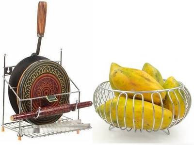 Value Adds Chakla/Belan Kitchen Rack Steel Presents a combo pack of multiprpose and stainless steel fruit basket and 4 in 1
