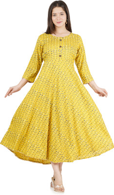 Dinaya Women Printed Anarkali Kurta(Yellow)