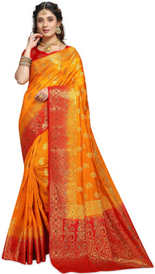 iZibra Self Design, Woven Banarasi Pure Silk, Cotton Silk Saree(Red, Yellow)