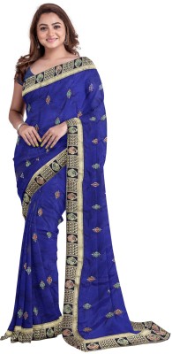 Shree kardhar fashion Embroidered Bollywood Silk Blend Saree(Blue)