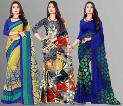 Anand Sarees Floral Print Bollywood Georgette Saree(Pack of 3, Multicolor, Green)