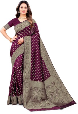 fospy Woven Bollywood Silk Blend Saree(Purple)