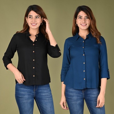 RIJHARI Women Solid Casual Blue, Black Shirt(Pack of 2)