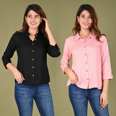 RIJHARI Women Solid Casual Pink, Black Shirt(Pack of 2)