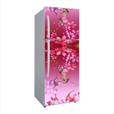 Crown Decals 61 cm Sky Decal Decorative 3d multicolour flowers with pink 3d effect with butterflies shining Extra Large Abstract Wall Fridge Sticker(pvc vinyl) Self Adhesive Sticker(Pack of 1)