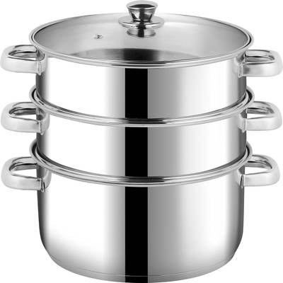 VINOD 3 Tier Steamer (Momo/Vegetable/Modak Maker) with Glass Lid and Sturdy Handle - Stainless Steel Steamer