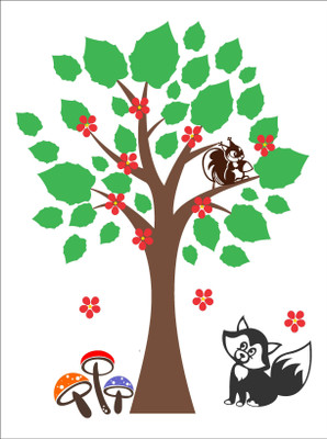 Pshychedelic Collection 71 cm decorative squirrel sitting on tree flowers leaves wall sticker Self Adhesive Sticker(Pack of 1)