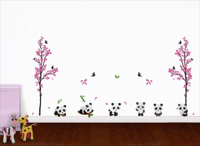 K2A Decor 65 cm abstract baby pandas playing tree flying birds wall sticker (91X65 cm) Self Adhesive Sticker(Pack of 1)