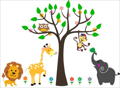 K2A Design 74 cm beautiful animals playing tree wall sticker (101X74 cm) Self Adhesive Sticker(Pack of 1)