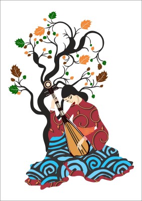Pshychedelic Collection 64 cm decorative beautiful girl playing sitar under the tree wall sticker Self Adhesive Sticker(Pack of 1)