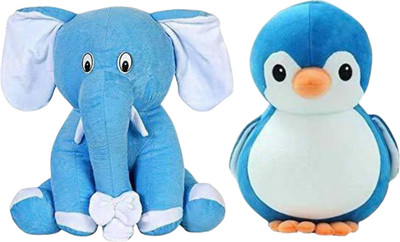 Toyhaven Adorable and cute soft toy set of 2 plush toys - sitting elephant and penguin in beautiful colors / soft toys for kids and special occasions  - 25 cm(Blue)