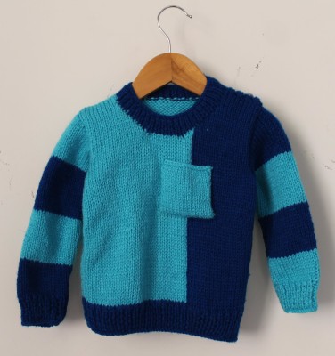 Woonie Colorblock Round Neck Casual Baby Boys & Baby Girls Blue Sweater