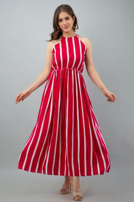 SHANGUL Women Fit and Flare Red Maxi/Full Length Dress