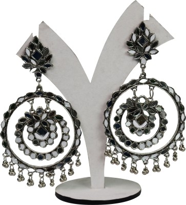 Unique Fashion House German Silver Oxidized Chandbali Earrings with Stone and Mirror Work for Women and Girls Stone, Metal Chandbali Earring