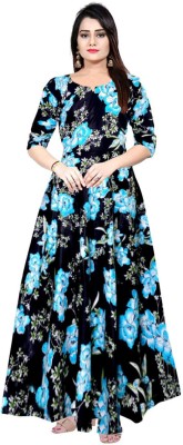 Khushi Print Flared/A-line Gown(Black, Blue)