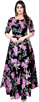 Khushi Print Flared/A-line Gown(Black, Pink)