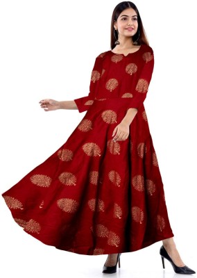 MUDRIKA Flared/A-line Gown(Maroon, Gold)