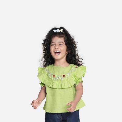 Aww Hunnie Girls Casual Pure Cotton Top(Green, Pack of 1)