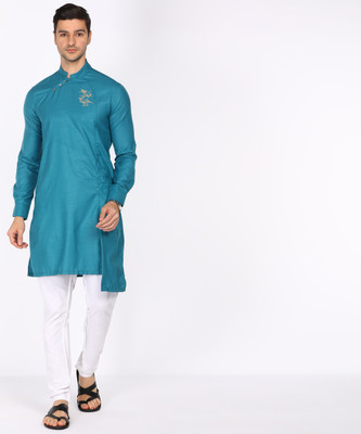 The Indian Garage Co. Men Solid Asymmetric Kurta(Blue)