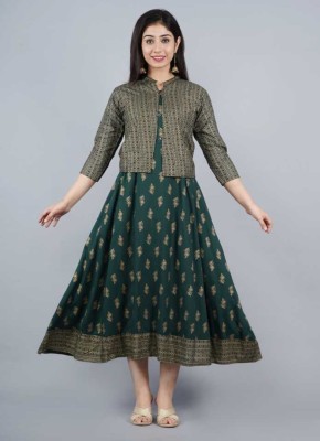 Global Impex Women Printed Flared Kurta(Dark Green)