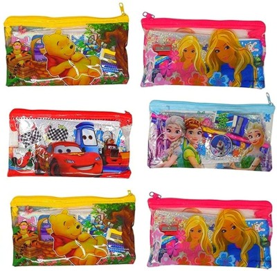 Andix Multipurpose (Stationary) Pencil Pouch For Boys & Girls Mix cartoon print pouch Art Plastic Pencil Boxes(Set of 6, Multicolor)