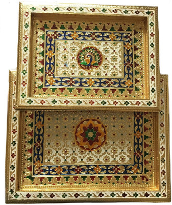 Hindoro Handmade Wooden Colorful Meenakari Work Serving Tray (Multicolour) - Set of 2 Tray(Pack of 2)