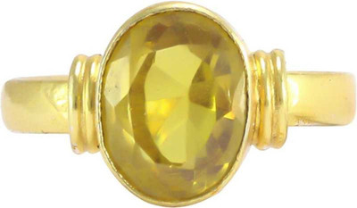 Chopra Gems A+ Quality Natural Yellow Sapphire Pukhraj Gemstone Ring for Women's/Men's Brass Sapphire Gold Plated Ring