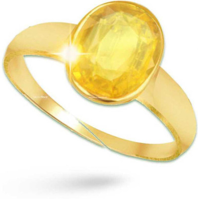 Chopra Gems Untreatet Natural Yellow Sapphire Pukhraj Ring for Women's/Men's {Lab Certified} Brass Sapphire Gold Plated Ring
