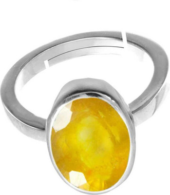 Chopra Gems A+ Quality Natural Yellow Sapphire Pukhraj Gemstone Ring for Women's/Men's Brass Sapphire Silver Plated Ring