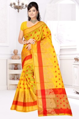 ARJUNFAB Printed Kanjivaram Cotton Blend, Art Silk Saree(Yellow)