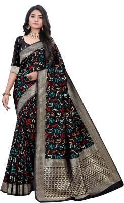 p and j Printed Banarasi Cotton Silk Saree(Black)