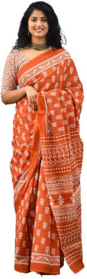 NIKHILAM Printed Handloom Pure Cotton Saree(Orange)