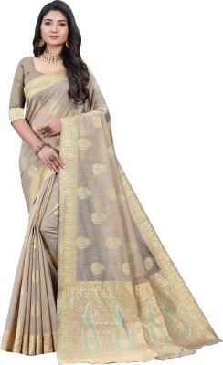 p and j Woven Banarasi Cotton Silk Saree(Gold, Grey)