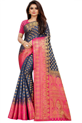 iZibra Self Design, Woven Banarasi Pure Silk, Art Silk Saree(Dark Blue, Pink)