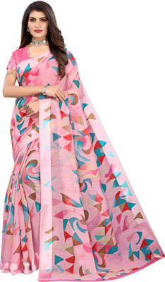 ANIRAV Printed Bollywood Linen Saree(Pink)