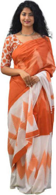 NIKHILAM Printed Handloom Pure Cotton Saree(Orange)