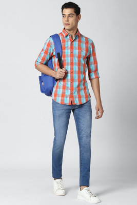 PETER ENGLAND Men Checkered Casual Orange Shirt