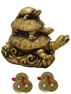 APNA KANHA 3 Tiered Tortoises For Health Wealth And Luck With 2 Coin set Decorative Showpiece  -  12 cm(Polyresin, Gold)