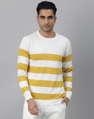 RARE RABBIT Striped Round Neck Casual Men Yellow Sweater