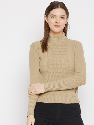 DUKE Solid Turtle Neck Casual Women Beige Sweater