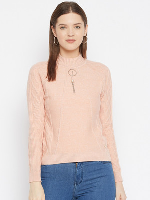 DUKE Solid High Neck Casual Women Pink Sweater
