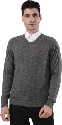 Raymond Self Design V Neck Formal Men Grey Sweater