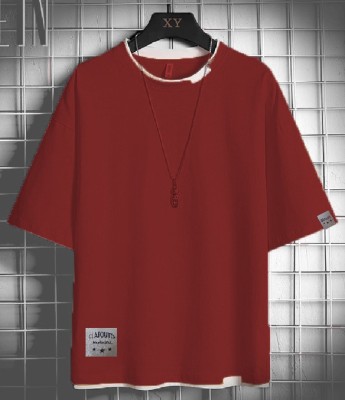 LIME Solid Men Round Neck Maroon T-Shirt