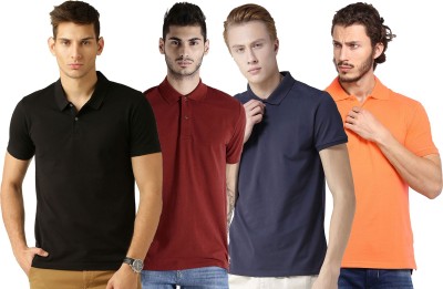 Galatea Solid Men Polo Neck Dark Blue, Maroon, Black, Orange T-Shirt