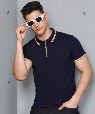 METRONAUT Solid Men Polo Neck Dark Blue T-Shirt