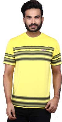 CARLTRON Striped Men Round Neck Yellow T-Shirt